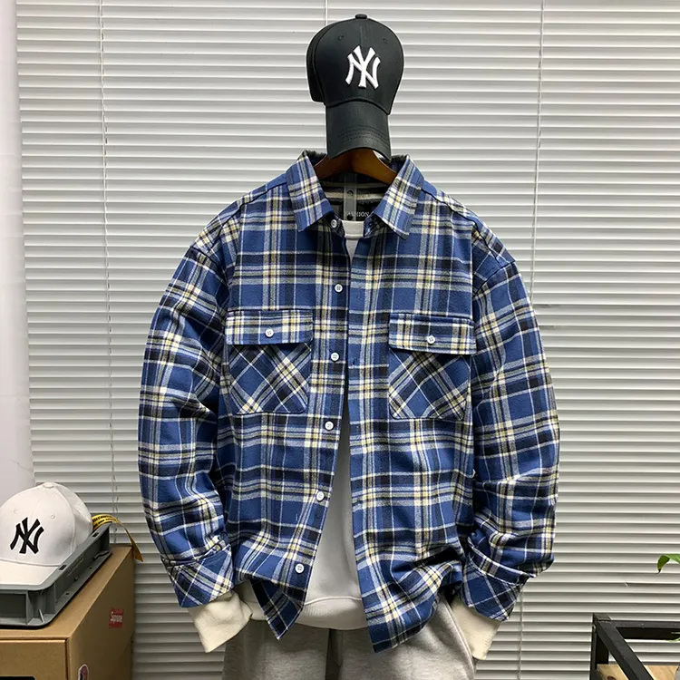 日系复古格子衬衫男款春秋新款潮牌休闲宽松百搭简约潮流衬衣外套