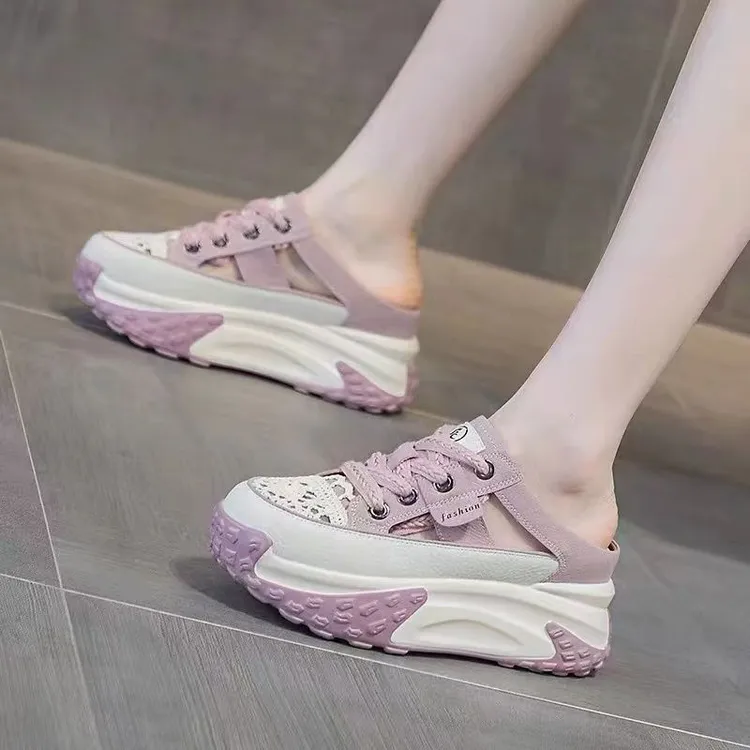 包头半拖老爹鞋女外穿2025新款夏季复古厚底百搭内增高懒人凉拖鞋