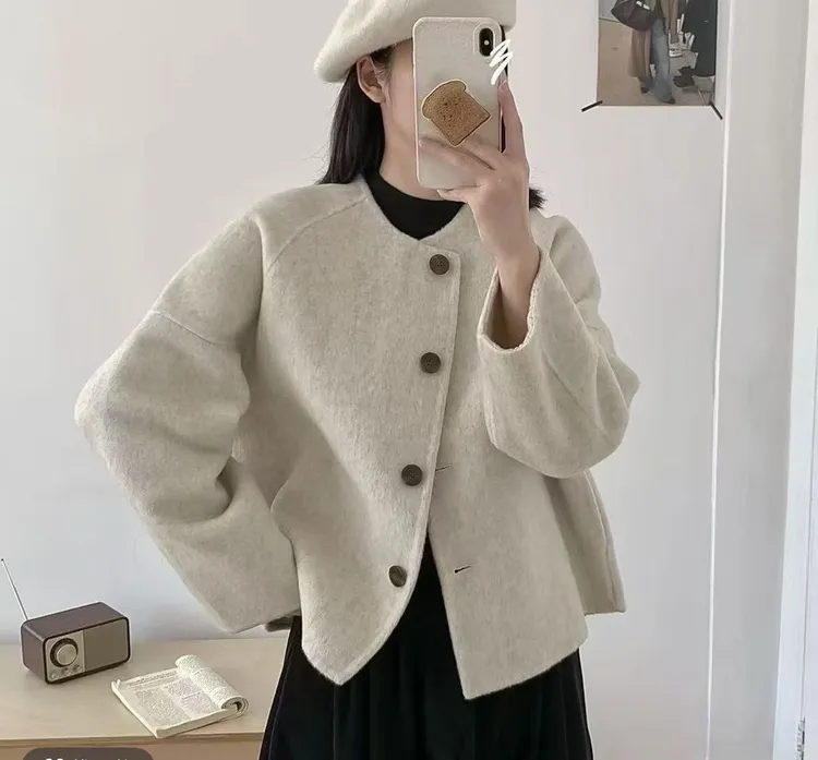 2025新款韩系甜美减龄简约双面羊毛呢短款圆领绵羊毛外套爆款秋冬