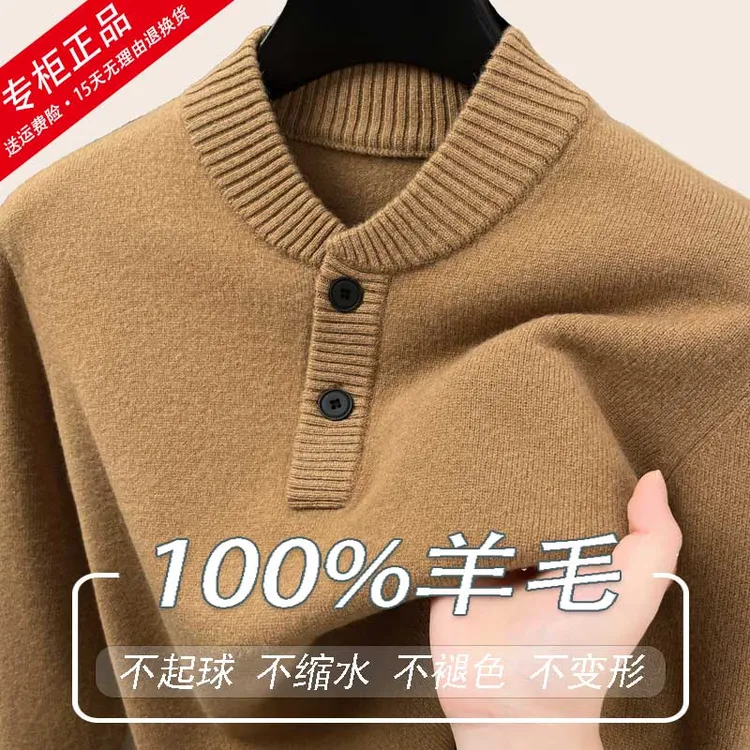 100%绵羊毛男士羊毛衫秋冬高端半高领针织毛衫冬季加厚保暖毛衣