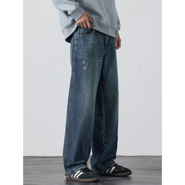 Kuvine2025秋季美式潮牌cleanfit宽松直筒做旧刮烂水洗牛仔裤男款