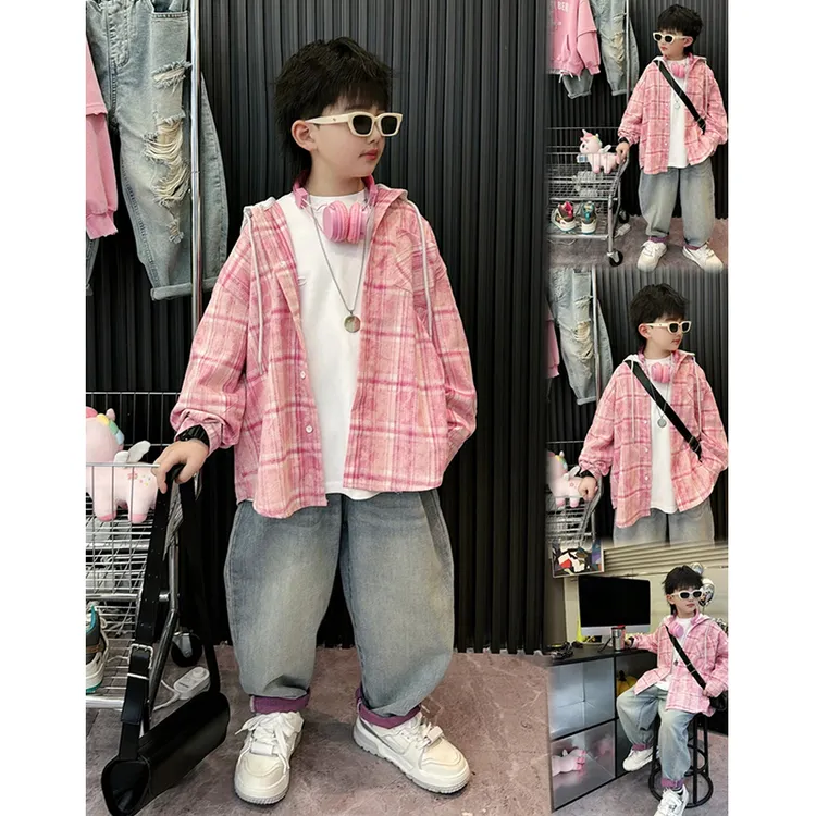 2025春季新款衬衫外套韩版百搭粉色格子带帽薄款外套