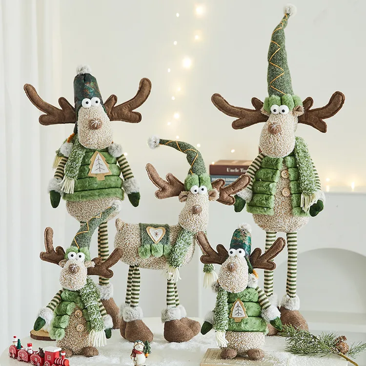 新品圣诞节装饰品呆萌麋鹿公仔可伸缩鹿摆件绿色布艺四脚麋鹿