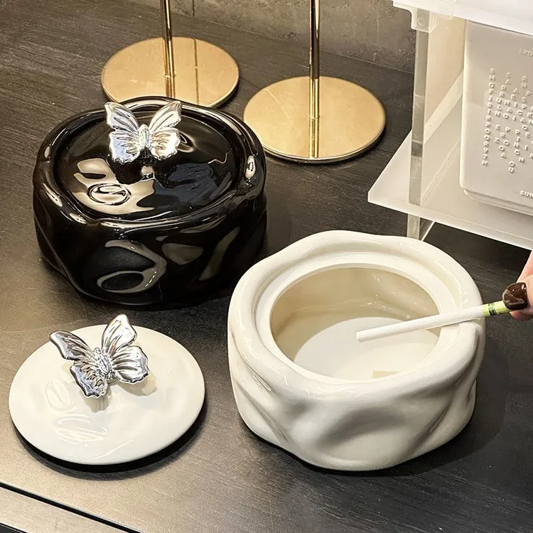 轻奢陶瓷烟灰缸带盖防飞灰家用客厅高端大气创意办公室烟缸高级LQ