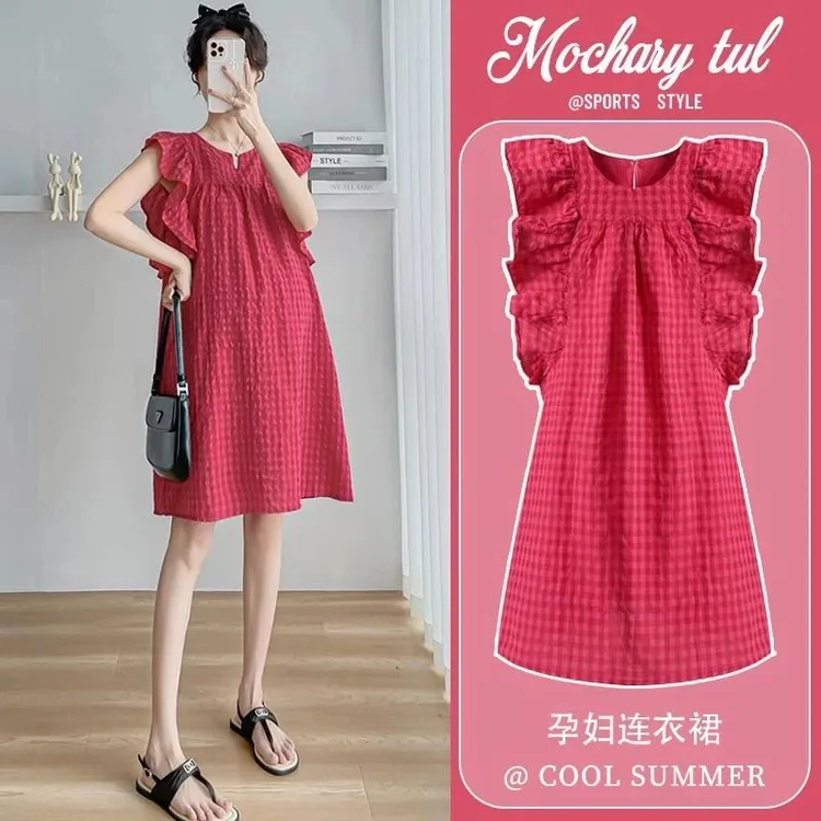 孕妇夏装连衣裙2025新款小个子时尚孕妈妈大码胖mm短裙小飞袖裙