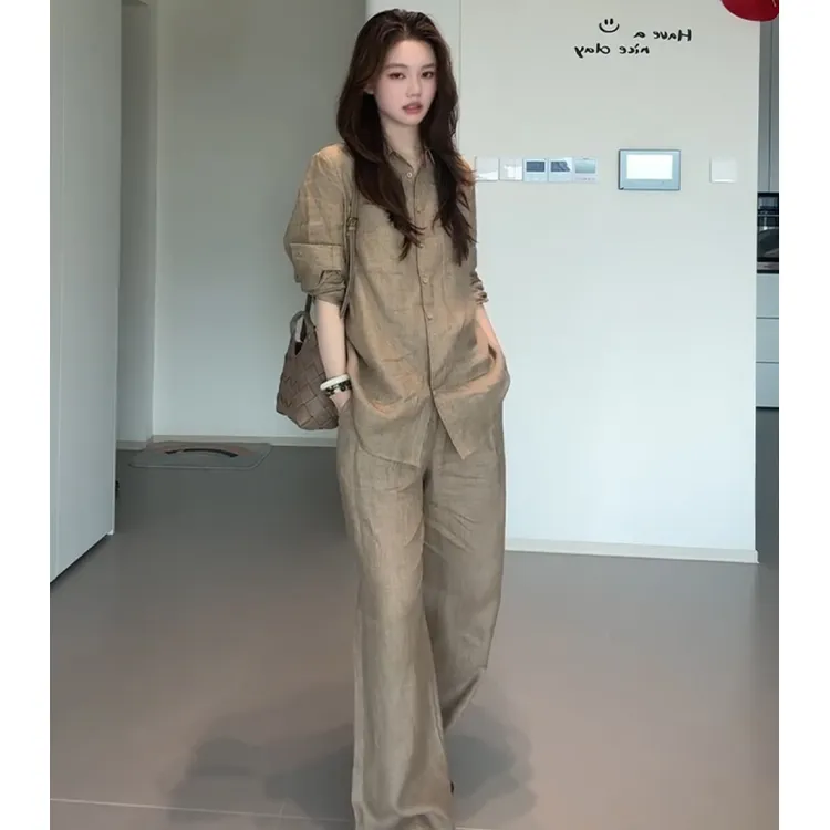 棉麻高端亚麻套装女夏季松弛感时尚气质老钱风衬衫阔腿裤两件套潮