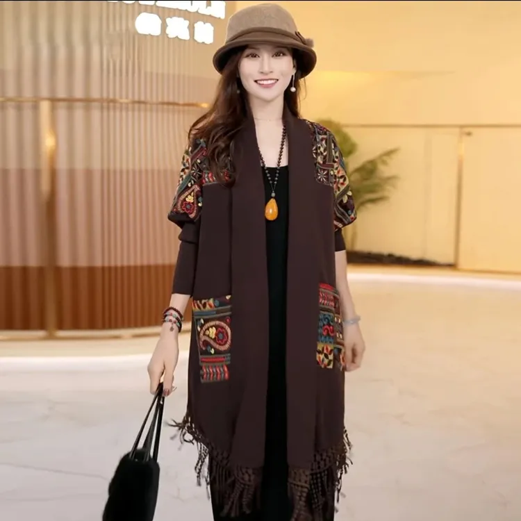 2025秋冬新款时尚刺绣提花披肩外套女中长款宽松拼接流苏披风开衫