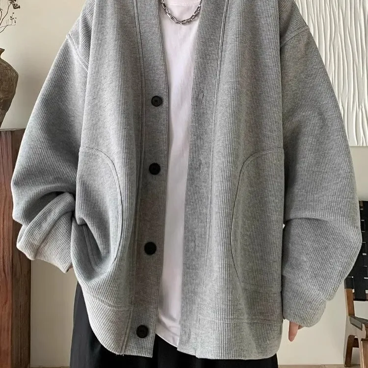 开衫外套男士春秋宽松小众设计感排扣潮牌华夫格领痞帅休闲上衣