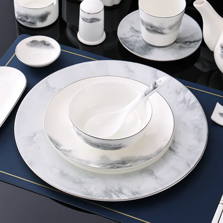 星级酒店盘子碗盘陶瓷中式摆台碗碟杯餐厅会所山水画接待包厢餐具