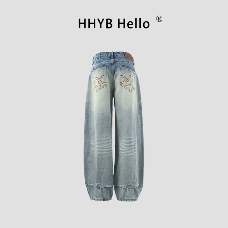 HHYB Hello设计感口袋刺绣复古浅蓝色中低腰压褶渐变牛仔裤H60060