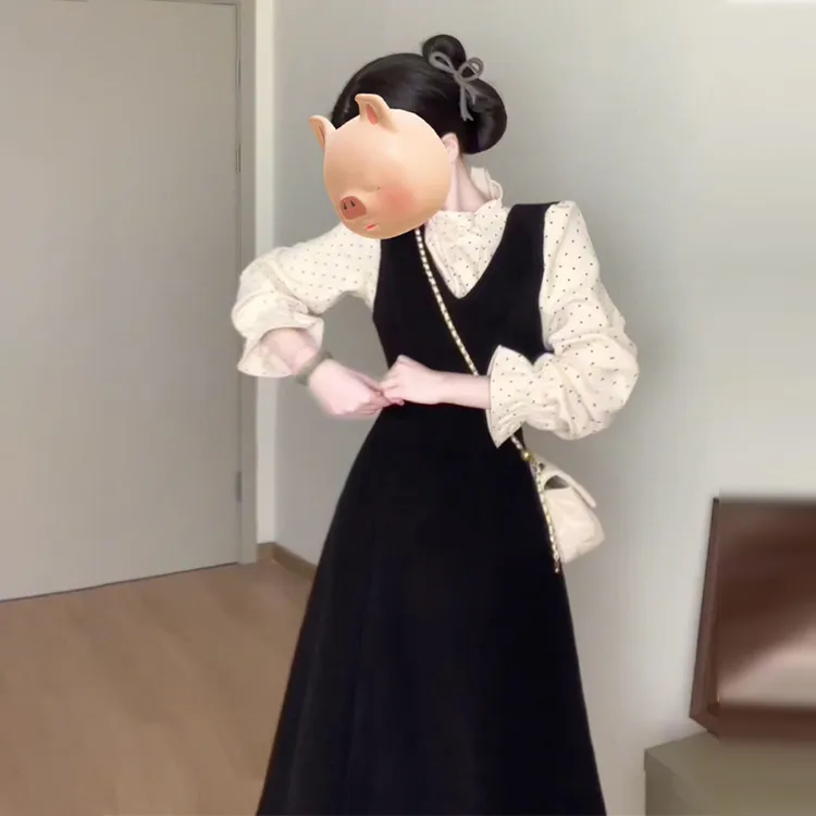 小香赫本风黑色背心连衣裙子女早秋装2025韩系穿搭一整套长裙9022