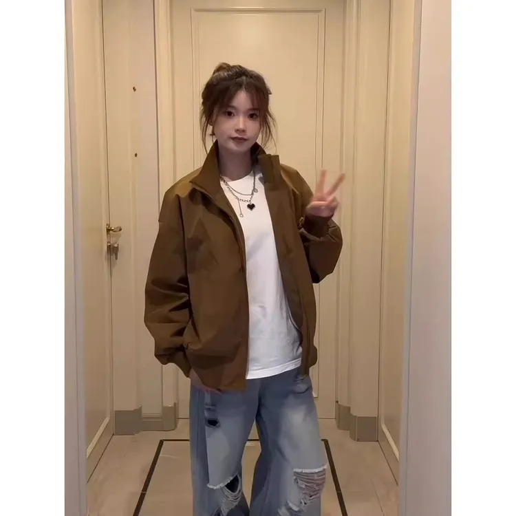cleanfit美式飞行员夹克男秋季美拉德棕色短款外套工装立领棒球服