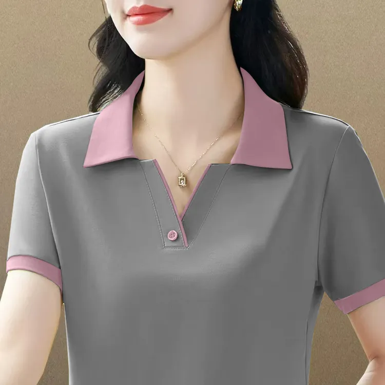 2025新款纯棉正肩翻领短袖t恤女士宽松洋气夏季时尚减龄上衣百搭
