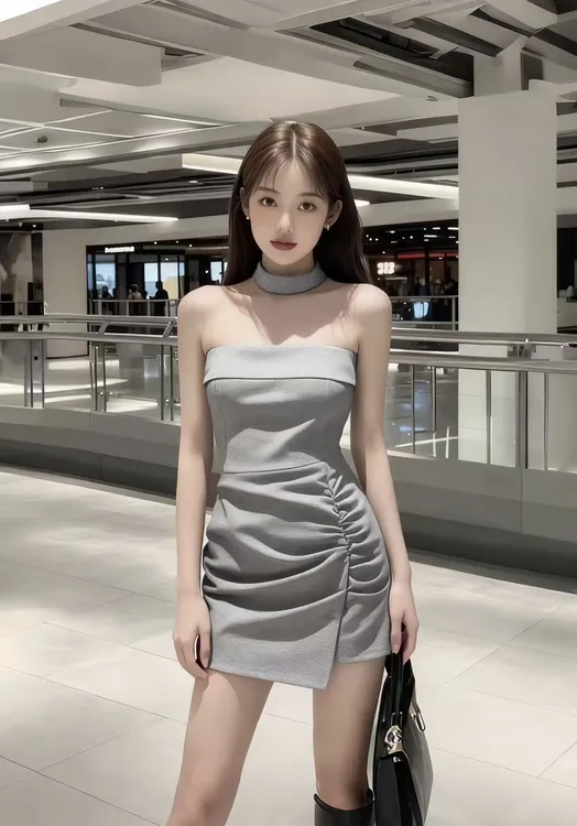 时尚气质名媛纯欲辣妹风灰色一字肩露肩抹胸修身收腰包臀连衣裙