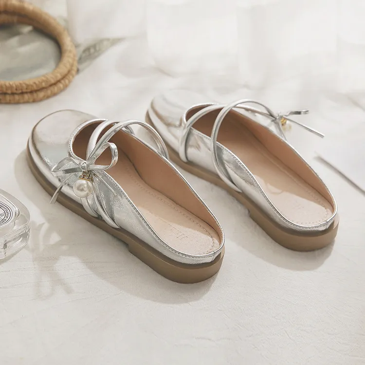 羊皮版~一脚蹬懒人法式绝美银色配裙子的包头半拖鞋女夏外穿