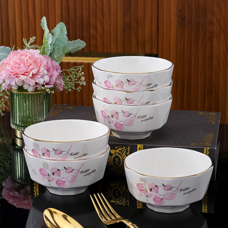 粉色情怀5英寸米饭碗10只装金边描金钻石碗奢华家用高档餐具套装