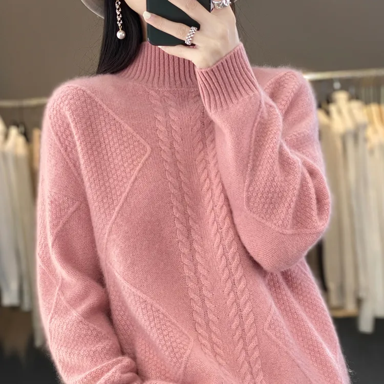 鄂尔多市纯100羊毛衫女秋冬半高领加厚毛衣绞花内搭羊绒打底衫女