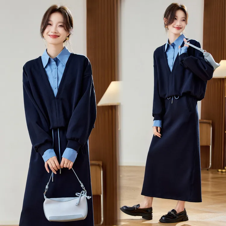 韩系假两件拼接卫衣套装裙女2025秋季新款设计感休闲半身裙两件套