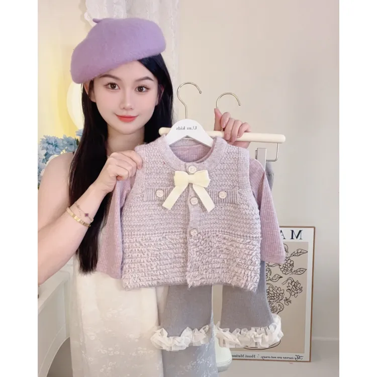 女童秋装套装2025新款女宝宝洋气针织马甲打底裤休闲裤子三件套潮