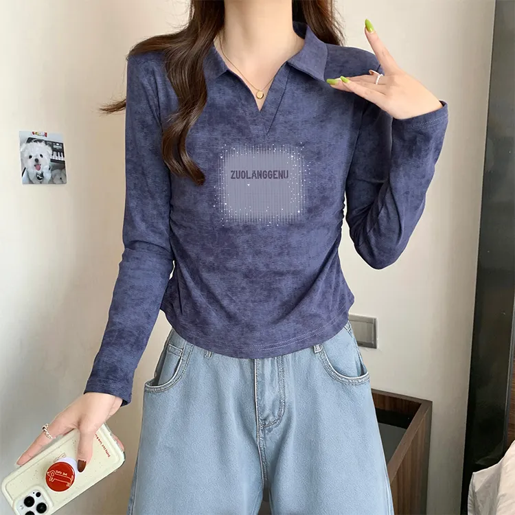 polo翻领正肩美式复古扎染长袖女t恤秋季褶皱显瘦修身打底衫上衣