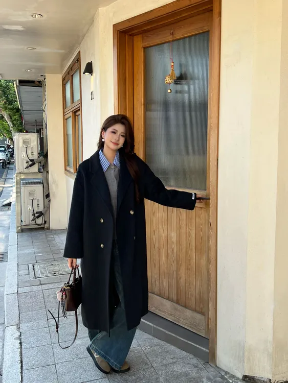 冬款双面羊毛大衣经典西装领长款大衣气质韩版宽松显瘦高级感外套