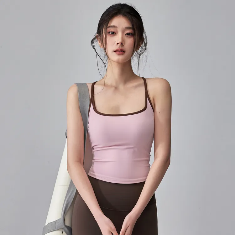 岚纹美背吊带瑜伽背心女带胸垫防震运动内衣拼色普拉提健身文胸新
