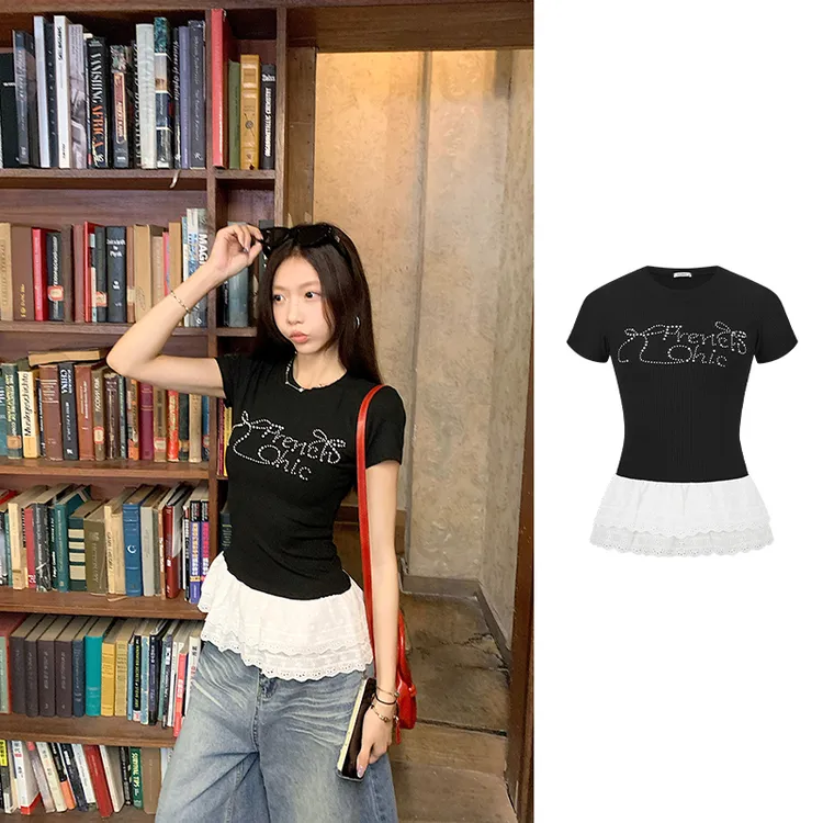 Moses Queen/魔西女王字母烫钻短袖T恤女设计感蕾丝拼接下摆上衣