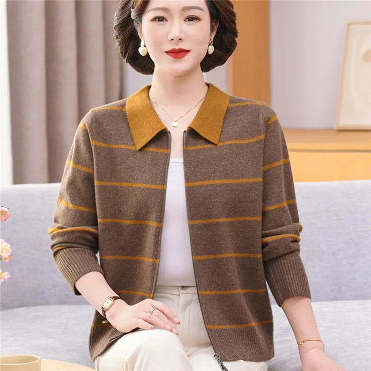 2025新款妈妈秋装针织上衣宽松翻领拉链开衫中老年女春秋毛衣外套