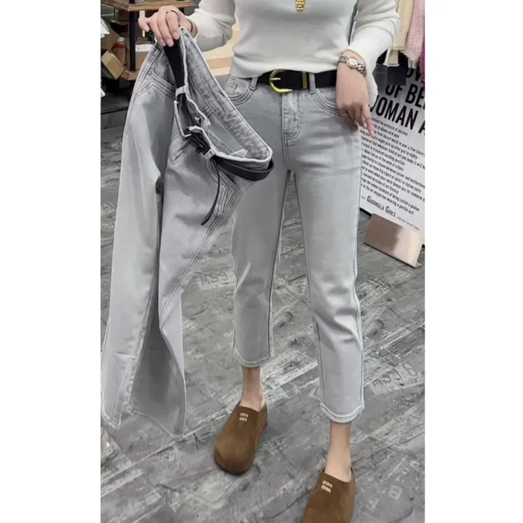 大码2025秋冬新款高腰烟管牛仔裤女梨型身材小个子弹力显瘦直筒裤