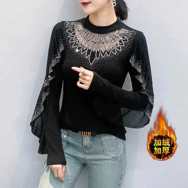 高端镶钻新款舞蹈衣服女荷叶袖摩登舞上衣拉丁广场吉特巴演出服