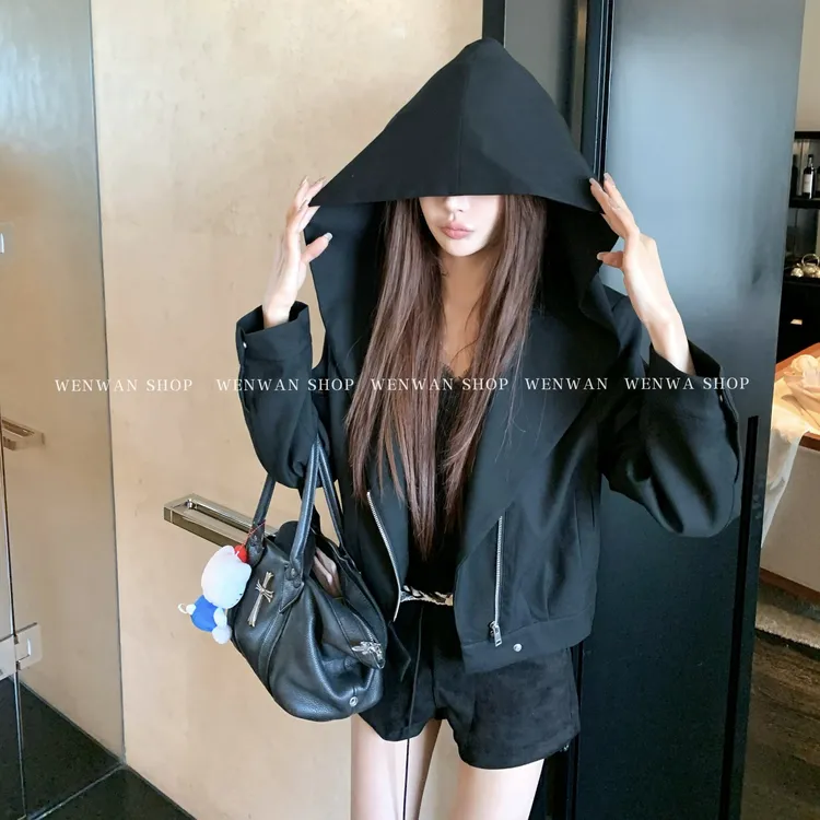 【质感Ro】黑色拉链连帽设计休闲百搭外套