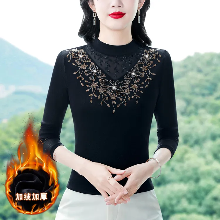 打底衫女2025秋冬新款韩版长袖半高领蕾丝拼接烫钻刺绣加绒加厚