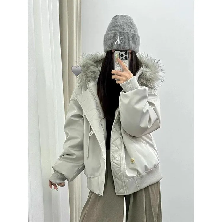 tgns美式复古毛领派克棉服女冬季短款连帽棉衣加厚工装外套