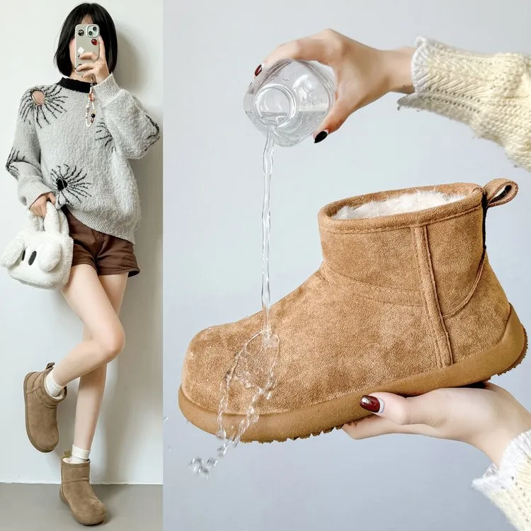 2025秋季新款时尚雪地靴百搭女圆头鞋头平底跟底橡胶鞋底绒面帮面