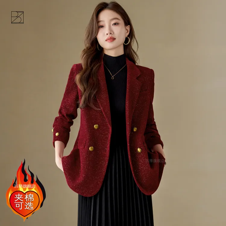 『焦点』红色小香风西装外套女春秋新款韩版气质休闲灯芯绒西服上衣
