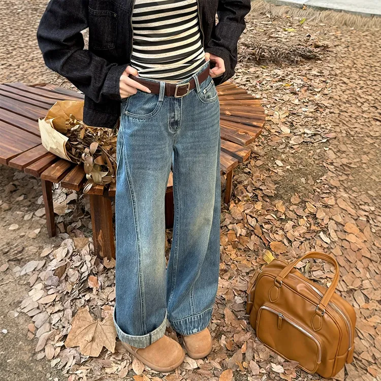 复古蓝高腰直筒牛仔裤女秋季新款大码胖mm宽松显瘦梨形身材阔腿裤