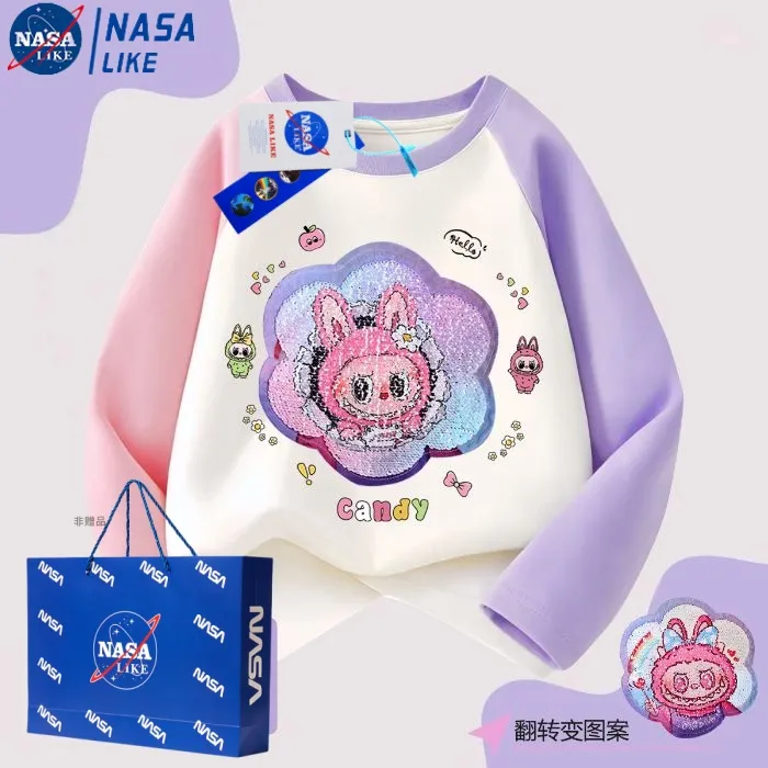 nasa拉布布亮片变色衣服春秋2025新款女童纯棉长袖T恤鸳鸯袖上衣