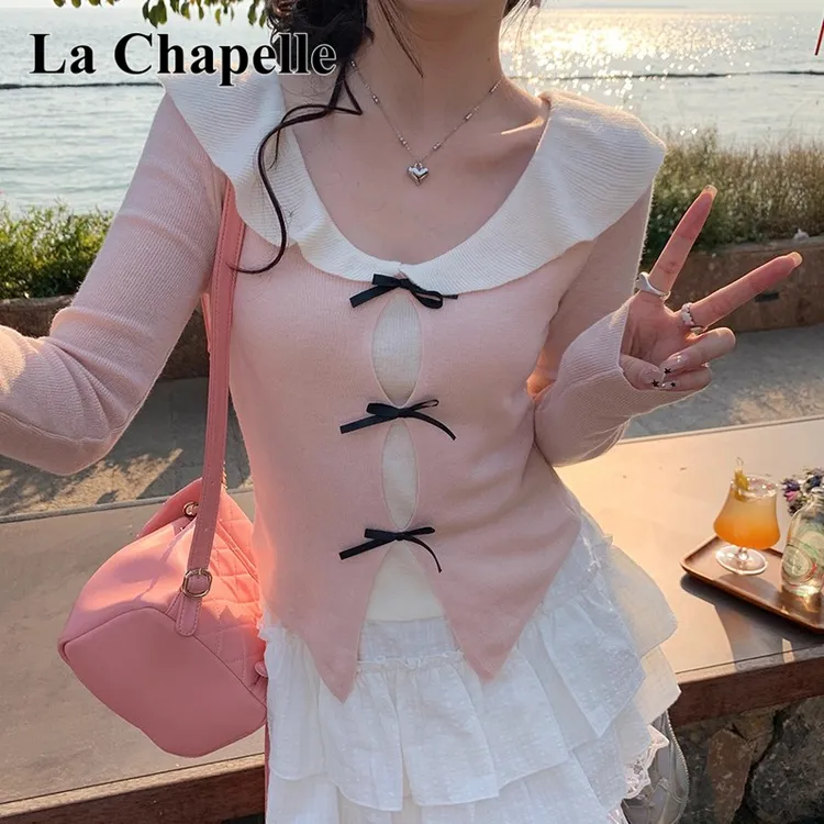 拉夏贝尔独特漂亮小衫超好看上衣2025新款早秋粉色百搭T恤打底衫