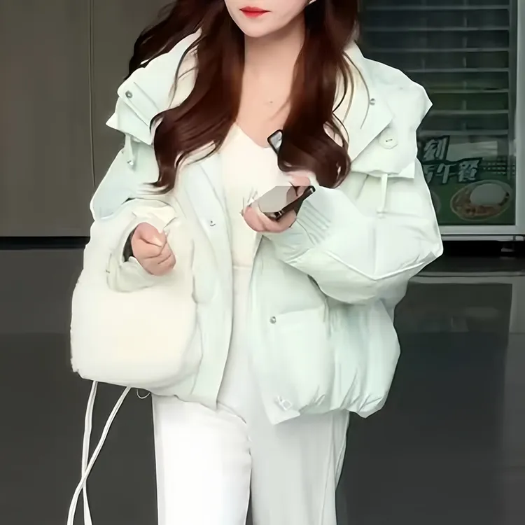 新款复古精致风纯色连帽棉服上衣女款2025冬季宽松设计感百搭外套