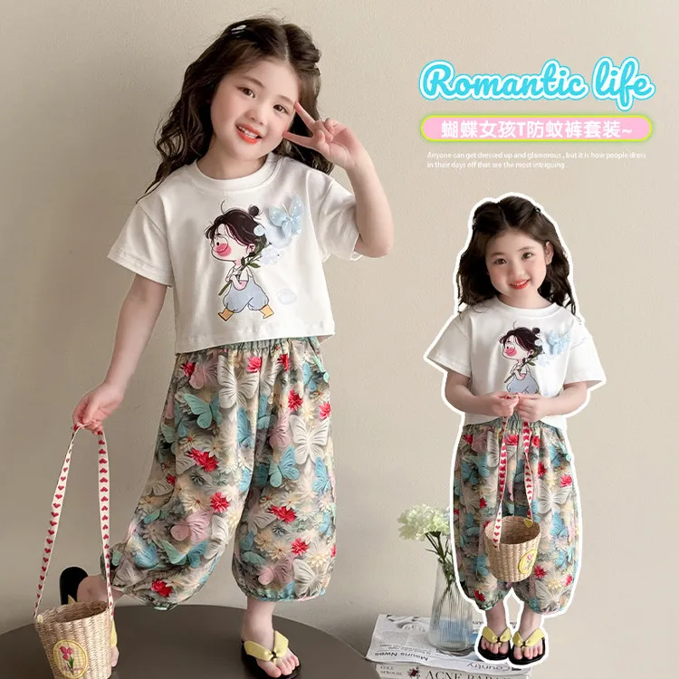 韩版女童洋气花朵镂空格纹裤套装2025新款儿童夏季