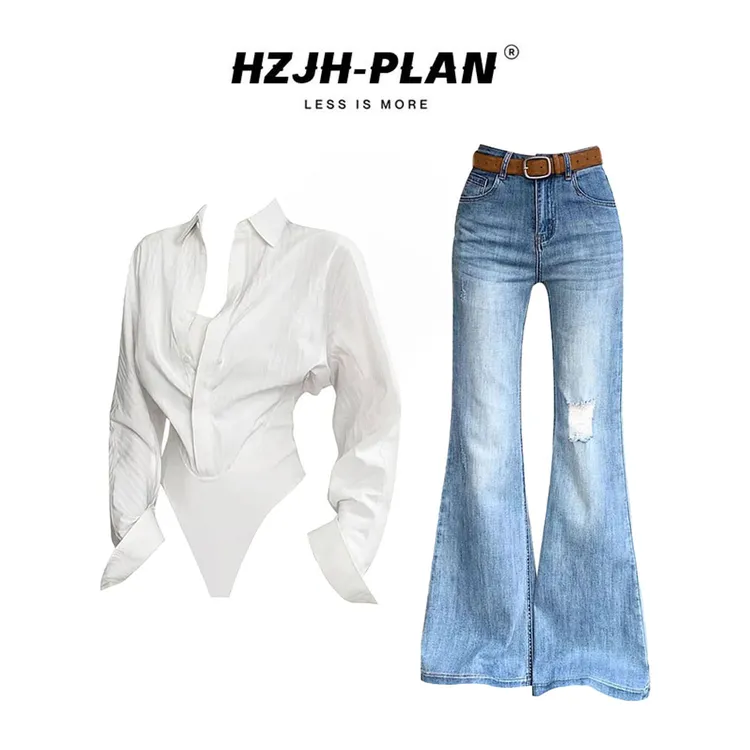 早秋修身假两件连体衬衫女学院风高腰修身百搭通勤牛仔裤两件套