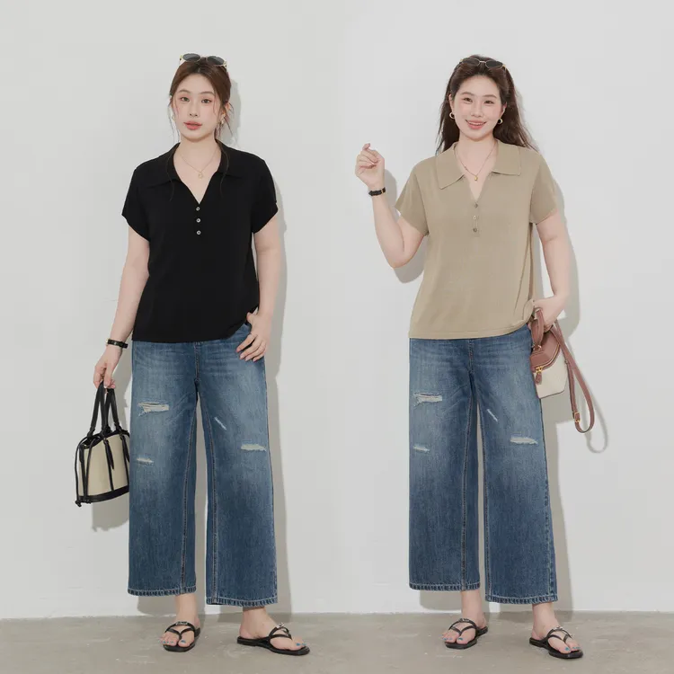 现货5431D大婉酱微胖定制【流浪地球】夏竹节纹牛仔磨破设计九分裤