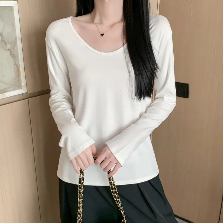 （有运险+8色可选）早秋纯色U领宽松慵懒感弹力长袖t恤女宽松显瘦