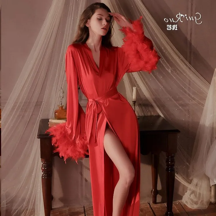 流行DZ瑰若轻奢甜美长款睡袍激情诱惑火辣开襟外袍家居服慵懒套