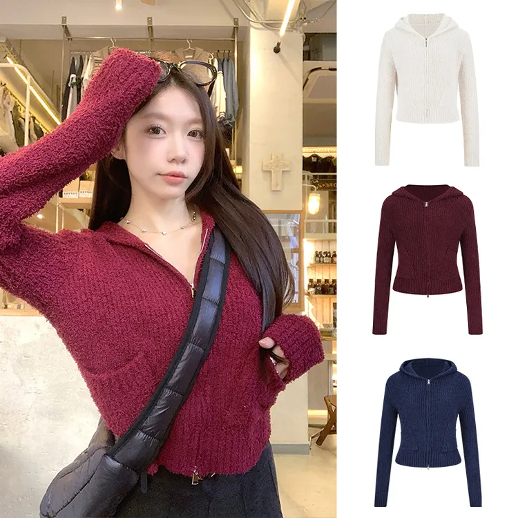 Moses Queen/魔西女王红色休闲慵懒感泰迪绒感双拉链针织开衫外套