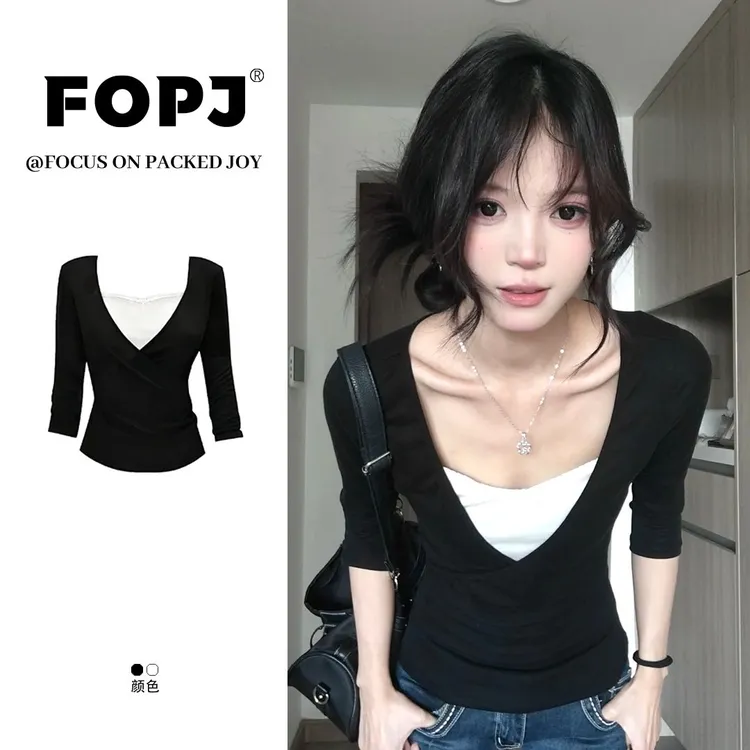 FOPJ初秋新款纯欲风V领假两件打底衫长袖t恤女修身显瘦甜辣妹上衣