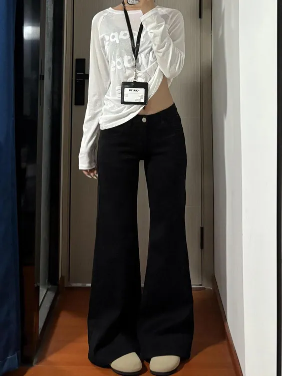 2025秋季新款黑色不贴腿微喇叭牛仔裤女低腰显瘦阔腿裤百搭拖地裤