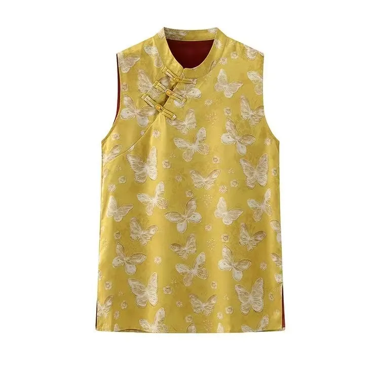 提花夏季马甲植物花卉印花薄款复古女无袖上衣国风