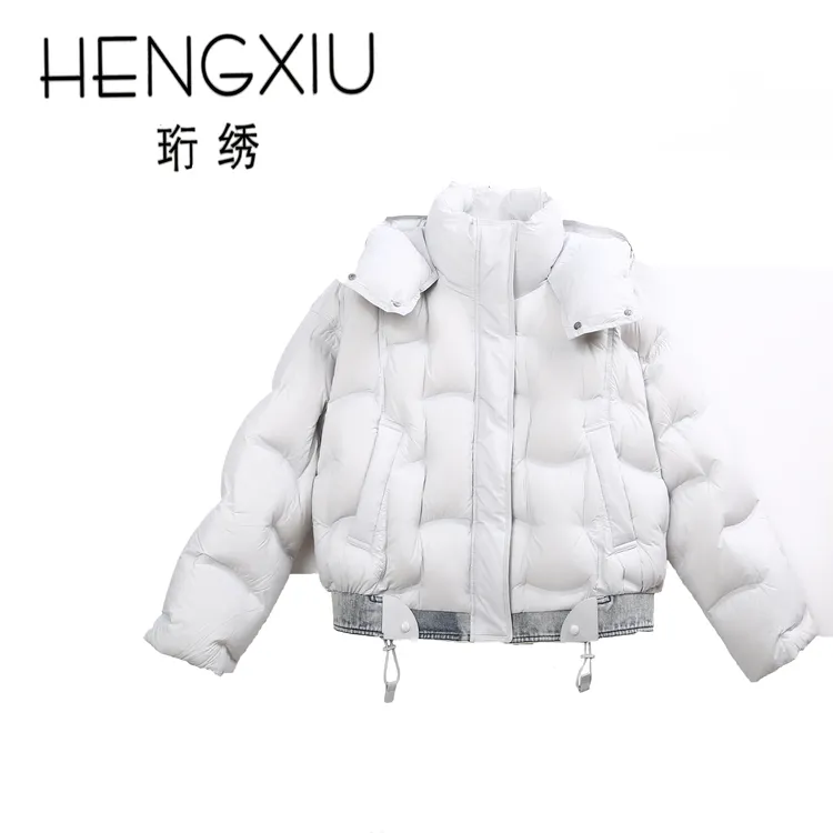 珩绣2025新款泡芙牛仔拼接90白鸭绒加厚百搭时尚羽绒服外套GJ7860