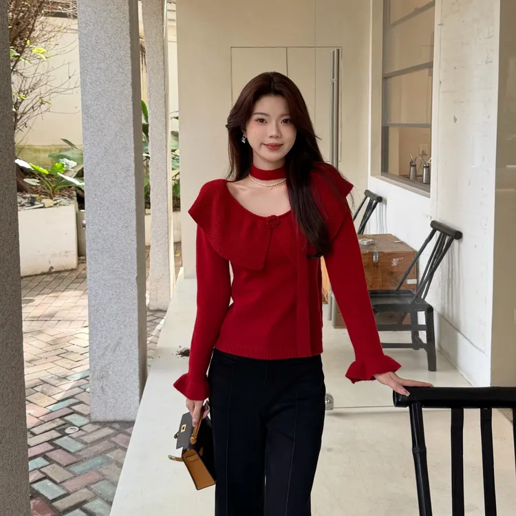 【迷离陷阱】秋冬氛围感红色飘带毛衣女修身显瘦荷叶边长袖保暖上衣